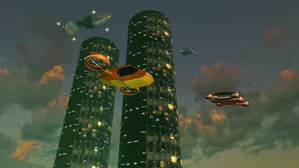 istock Aerial vehicles flying between buildings 1436137354