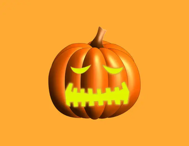 Vector illustration of Scary pumpkin jack-o-lantern with creepy toothy smile and fiery glow inside realistic vector illustration isolated on yellow background.