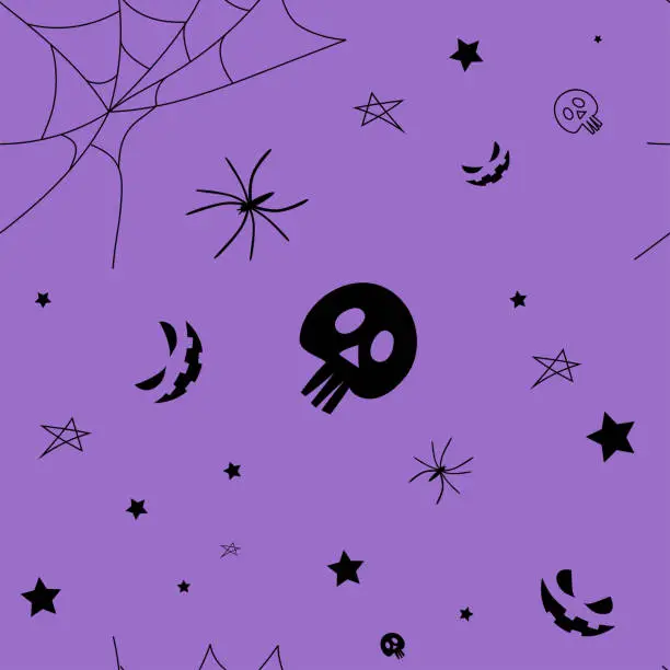 Vector illustration of Vector. Happy colorful halloween pattern. Funny cartoon style. Background with hand drawn outline Halloween elements: spider web, spider, skull, stars, anthropomorphic face.