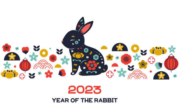 2023 year of rabbit zodiac. Chinese new year banner with rabbit, flowers, lanterns and other symbol. Border design for calendar and cards. Translation mean Happy New year 2023 year of rabbit lunar zodiac. Chinese new year banner with rabbit, flowers, lanterns and other symbol. Border design for calendar and cards. Translation mean Happy New year year of the rabbit stock illustrations