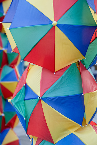 Ipojuca, Pernambuco, Brazil:Frevo umbrellas for sale in Porto de Galinhas beach