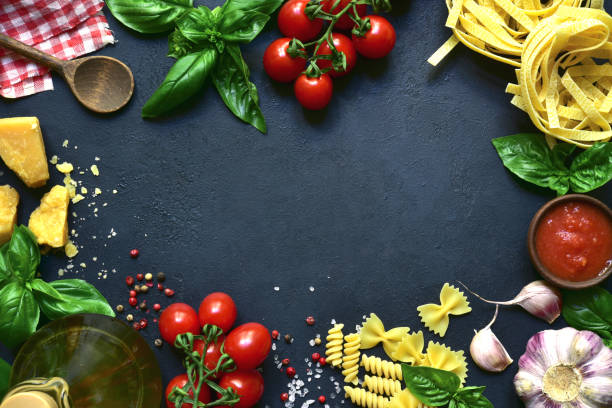 Culinary background with ingredients of italian cuisine. Top view with copy space. stock photo