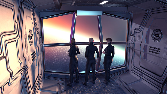 3d illustration of three people contemplating a new planet from a spaceship