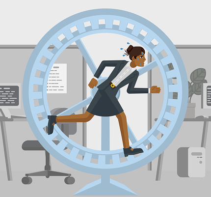 A stressed and tired looking businesswoman in office running as fast as she can in a hamster wheel to keep up with her workload or compete. Business concept illustration in flat modern cartoon style