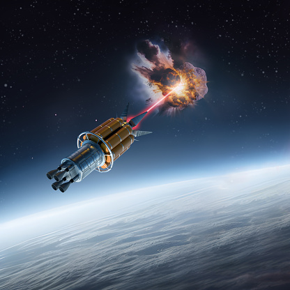 3d illustration of a spaceship shooting at an asteroid
