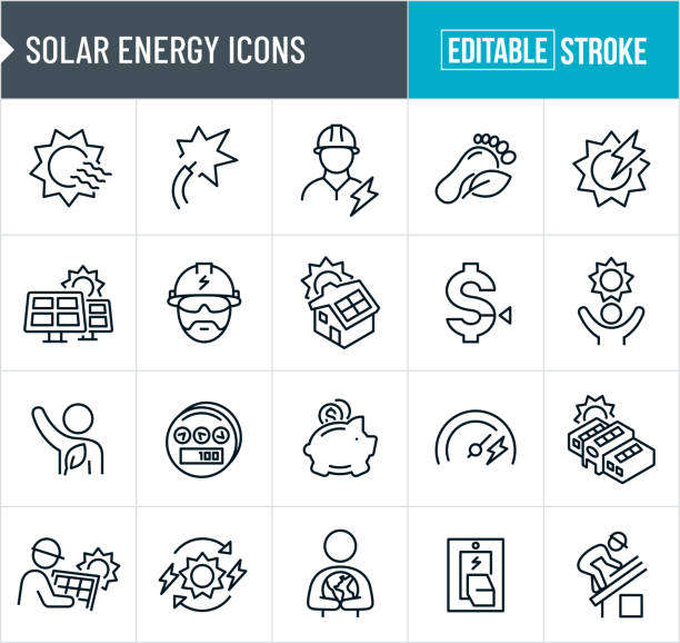 ilustrações, clipart, desenhos animados e ícones de ícones finos da linha da energia solar-curso editable - roof of the world