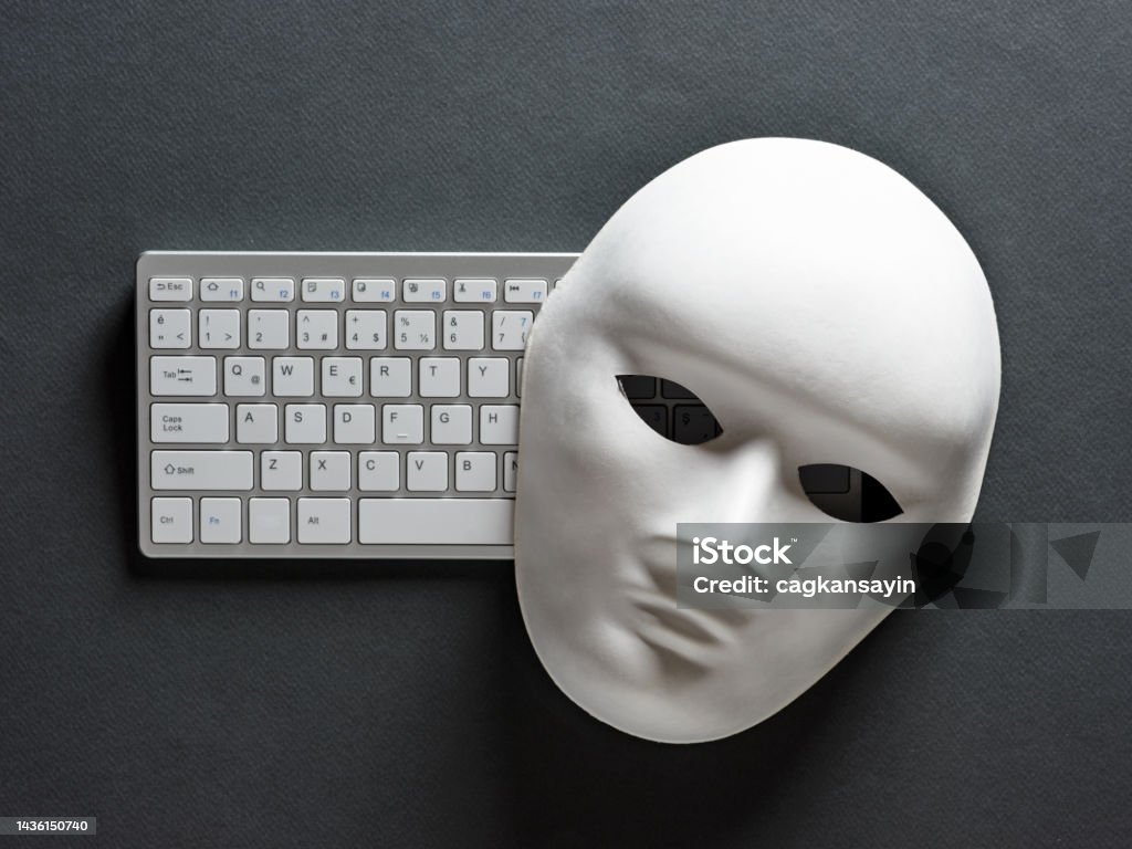 Masks In Computer White Face Mask And Computer Keyboard On Black Background Hacker ...