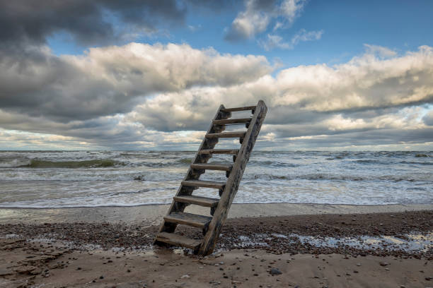 Stairway Curving Through Clouds Into The Light Of Heaven With Blue Sky