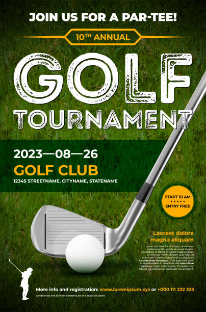 ilustraciones, imágenes clip art, dibujos animados e iconos de stock de plantilla de póster de torneo de golf con palo de golf y pelota - golf copy space professional sport sport