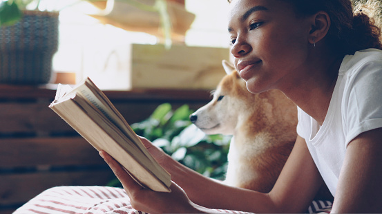 Close-up shot of smart African American woman reading book in free time lying on bed with her cute pedigree dog with large window and green plants in background.