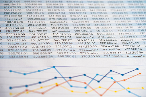 Spreadsheet table paper with pencil. Finance development, Banking Account, Statistics Investment Analytic research data economy, trading, office reporting Business company concept.