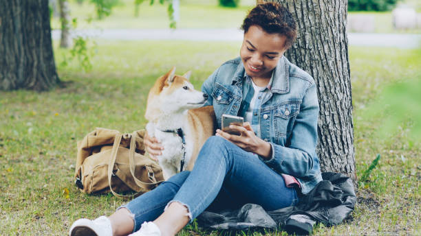 istock Sociable girl is using smartphone texting friends and stroking her adorable puppy while resting in park at weekend. Modern technology, people and animals concept. 1436155926