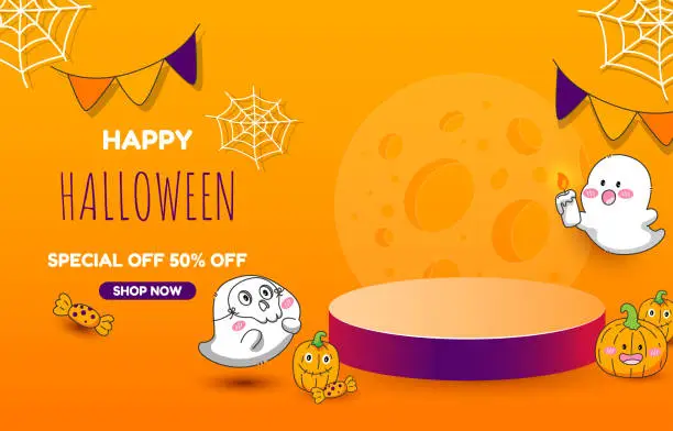 Vector illustration of Halloween Sale Promotion. cute little ghost and smiling pumpkin poster template.