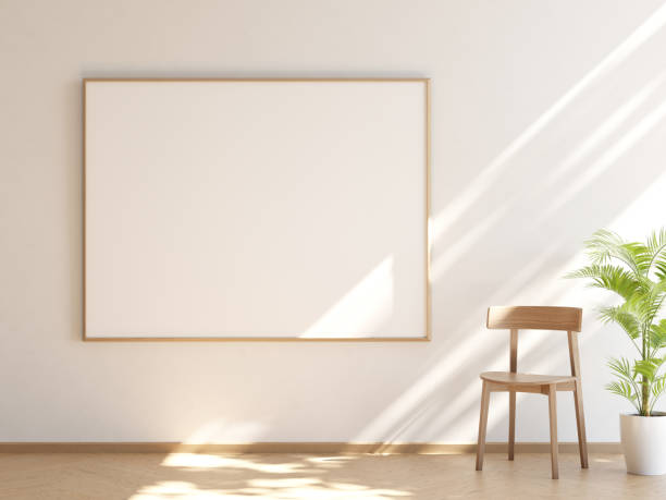 istock Large landscape oriented whiteboard with wooden frame in home interior. Chair and tropical houseplant. Template for your content. 3D illustration. 1436159603