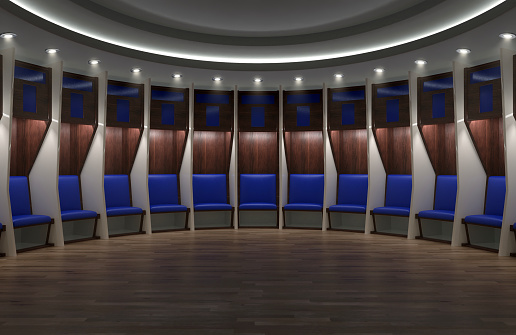 A sports locker room made of a semi circle of cubicles and a padded seats on wooden flooring - 3D render