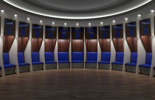 Sports Locker Room A sports locker room made of a semi circle of cubicles and a padded seats on wooden flooring - 3D render locker room stock pictures, royalty-free photos & images