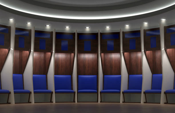 A sports locker room made of a semi circle of cubicles and a padded seats on wooden flooring - 3D render