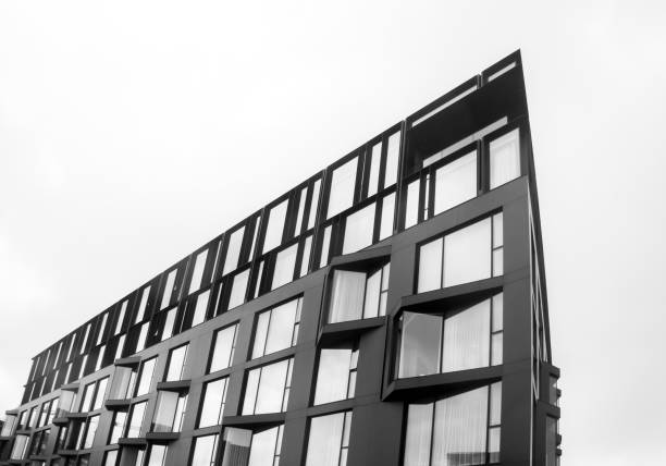 Reykjavik, Iceland - August 10, 2022: Black and white exterior shot of the Reykjavik Edition, a luxury hotel in Iceland’s capital city