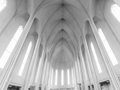 Reykjavik, Iceland - August 10, 2022: Interior shot of Hallgrimskirkja, or the Church of Hallgrimur, a 74-metre-tall structure and the largest church in Iceland, on a peaceful afternoon