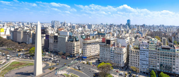 Panoramic cityscape and skyline view of Buenos Aires near landmark obelisk on 9 de Julio Avenue stock photo
