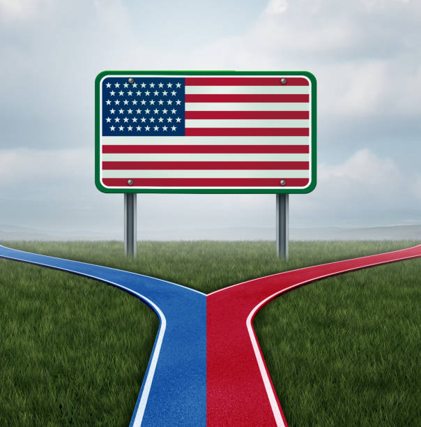 Polarization In The United States American election concept as a United States politics election idea as the left and right wing representing conservative and liberal voting campaign in a 3D illustration elements. crossroads sign stock pictures, royalty-free photos & images