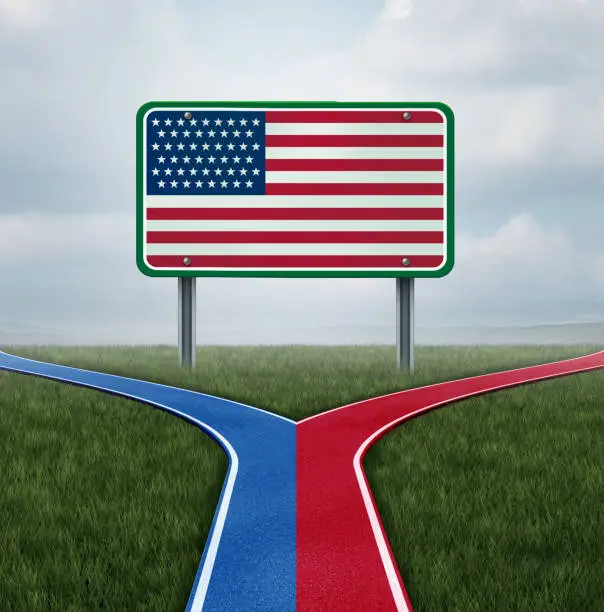 American election concept as a United States politics election idea as the left and right wing representing conservative and liberal voting campaign in a 3D illustration elements.