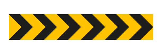 Arrow road yellow sign. Arrow road yellow sign. Warning striped arrow. Safety type. Vector isolated on white background. road chevron warning signs stock illustrations