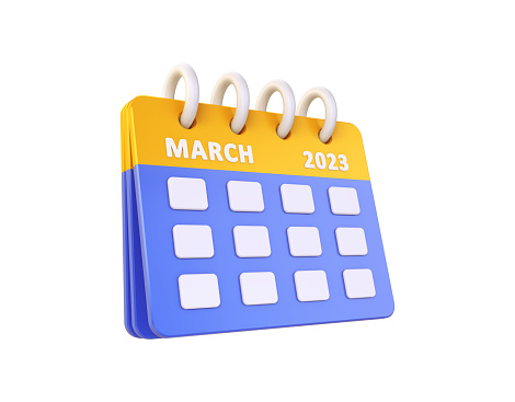 3D render Calendar Yellow and Blue Color March 2023, Event Day, Holiday Plan, Appointment Day (isolated on white and clipping path)