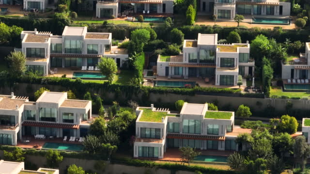 aerial view of luxury villas with same type of pool, luxury estate homes, luxury villas of a hotel, same villas, luxury lifestyle,