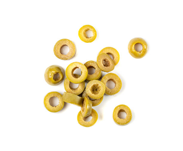 istock Green Pickled Olive Slices Isolated, Olive Pickles, Pitted Fermented Olives 1436170828