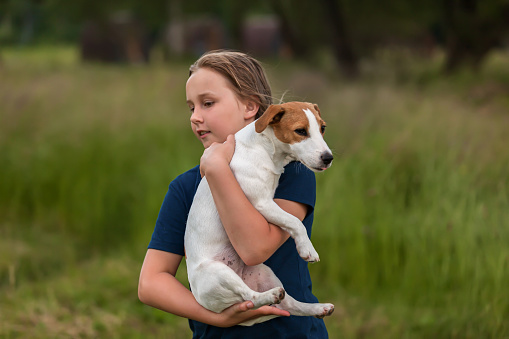 Cute girl holding a jack russell terrier dog