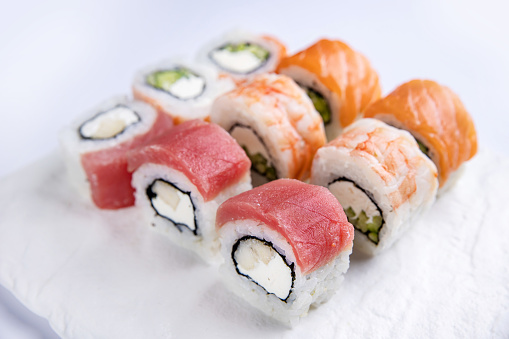 Delicious sushi, a set of rolls with tuna, salmon. Japanese cuisine