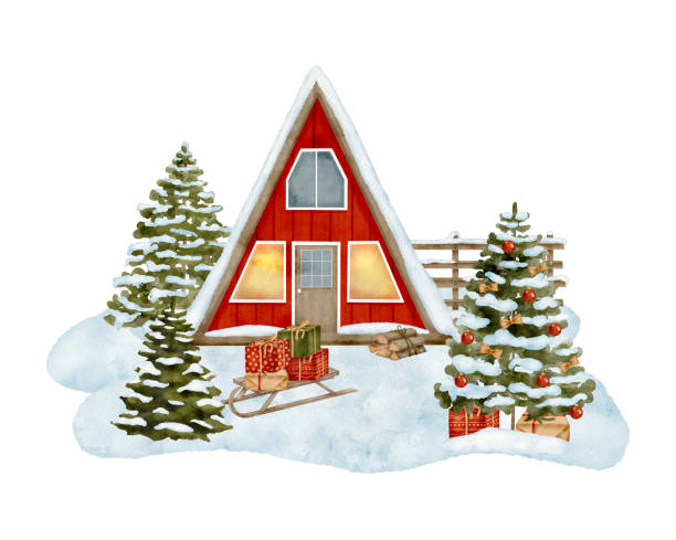 istock Watercolor red wood cabin in winter forest illustration. Hand drawn modern triangle cottage with snowy Christmas tree isolated on white background. Countryside house for cards, celebration design. 1436174335