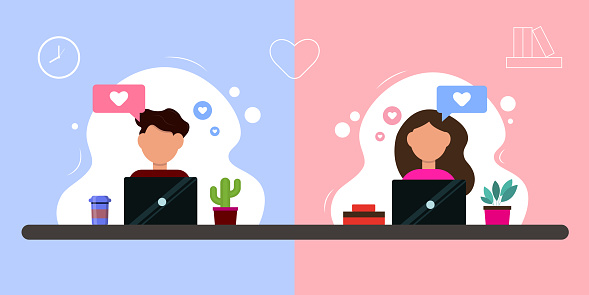 A girl and a man with laptops. Correspondence. Love. Video chat. Illustration. Vector. Communication.