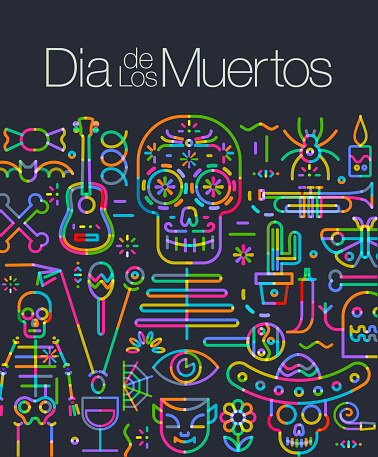 Geometric icon styled image for Mexican Day of the Dead Festival, Dia De Los Muertos, Human Skull, Human Face, Spooky, Skeleton, Guitar,