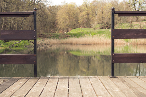 View from wooden bridge with fence and passage to small pond, lake with reeds among trees and green grass. Place to rest