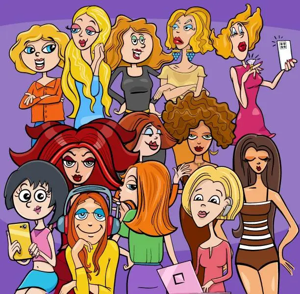 Vector illustration of cartoon girls or women comic characters group