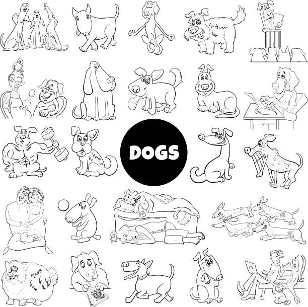 Vector illustration of black and white cartoon dogs comic characters big set