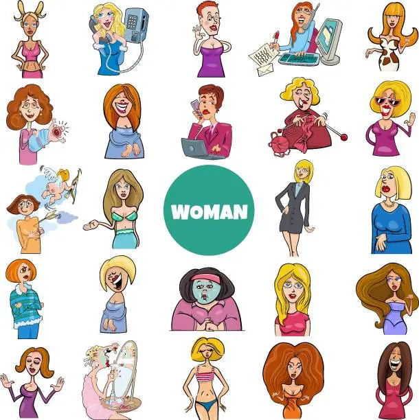 Vector illustration of cartoon women and girls characters big set