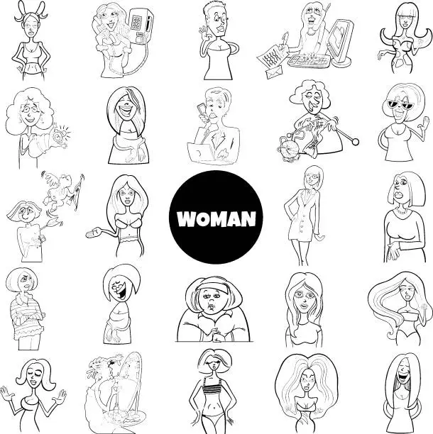 Vector illustration of black and white cartoon women and girls characters big set