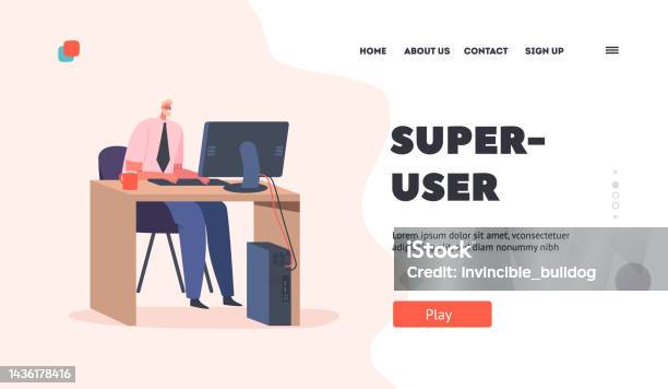 Super User Sign Super User Landing Page Template Man Sysadmin Or Coder At Work On ...