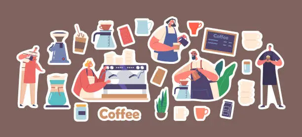 Vector illustration of Set Of Stickers Barista Men And Women Making Coffee, Friendly Male And Female Characters Work In Cafe Patches Pack