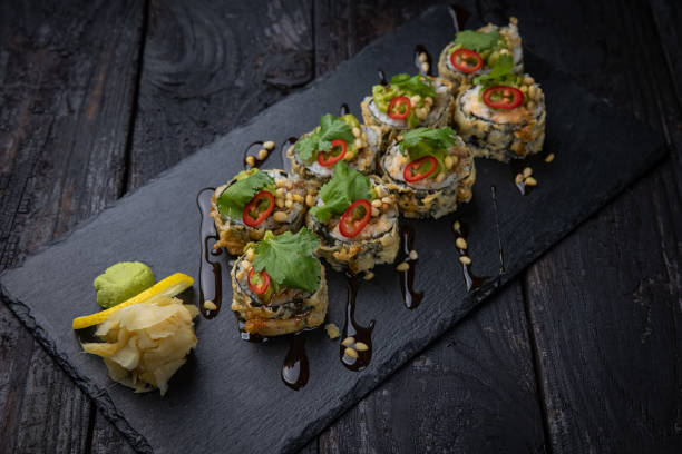 istock Delicious warm rolls with salmon, cheese 1436179399