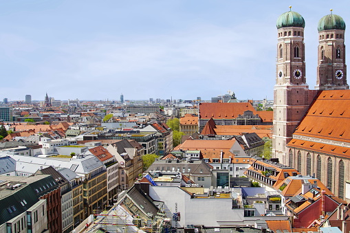 Panoramic view to the pedestrian zone. At the right you can see he Cathedral of Our Dear Lady (Frauenkirche ).