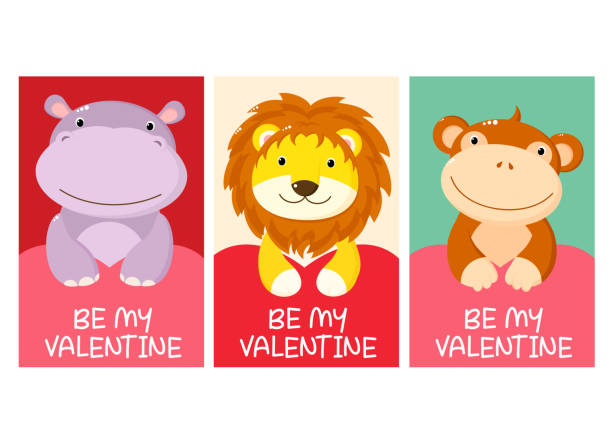 Set of Valentine's day cards with cute animal - hippo, monkey, lion. Baby collection of gift tag with animal Set of Valentine's day cards with cute animal - hippo, monkey, lion. Baby collection of gift tag with animal. Template holiday banner, sticker for decoration, congratulation, invitation. Vector EPS8 book heart shape valentines day copy space stock illustrations