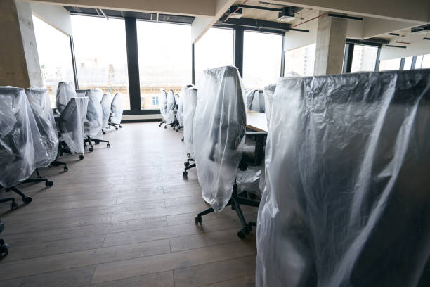 istock Bright coworking area after general cleaning, huge windows, high-tech design 1436183852