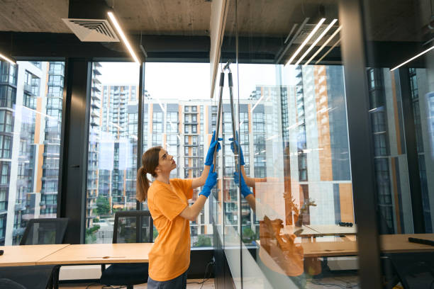 Cleaning service employee uses special glass scraper with long handle stock photo