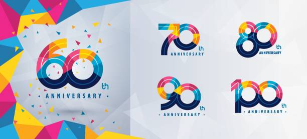 set von 60 bis 100 jahren jubiläums-logo-design, sechzig bis hundert jahre jubiläumslogo, abstraktes buntes geometrisches dreieck zur feier - number 70 stock-grafiken, -clipart, -cartoons und -symbole