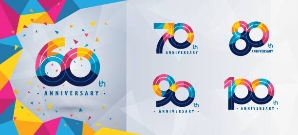 illustrations, cliparts, dessins animés et icônes de ensemble de 60 à 100 ans conception de logotype anniversaire, soixante à cent ans célébration du logo anniversaire, triangle géométrique coloré abstrait pour la célébration - number 70