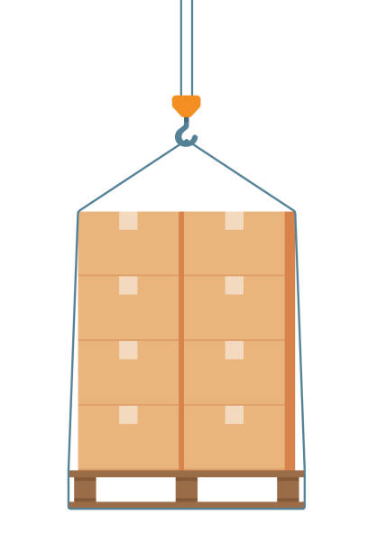 istock Boxes on a pallet are lifted with a crane hook. Beige cardboard closed box stack on wooden pallets, packaging cargo storage, industry shipment, shipping goods. Vector illustration. 1436185876